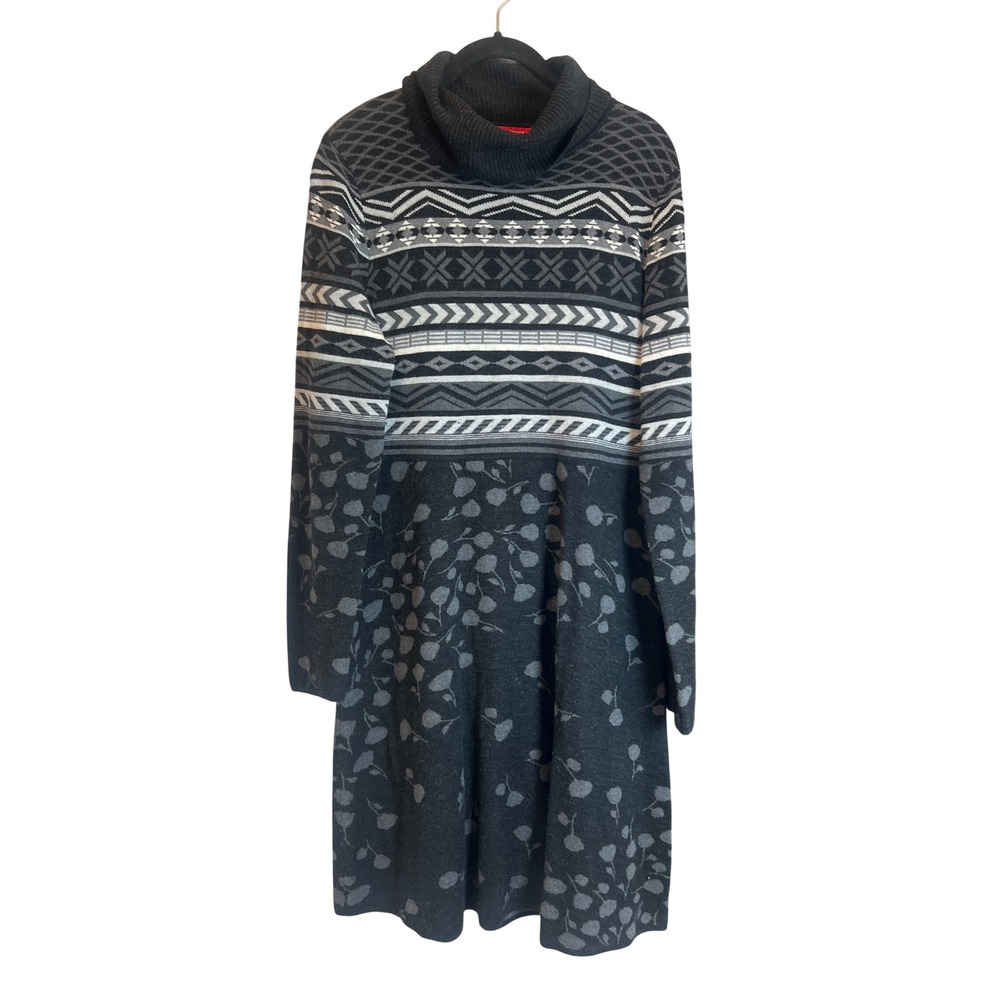 Krimson Klover Merino Wool Blend Cowl Neck Fair Isle Floral Sweater Dress L